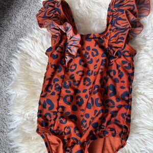Girls Leopard Swimsuit, ruffles, blue and orange